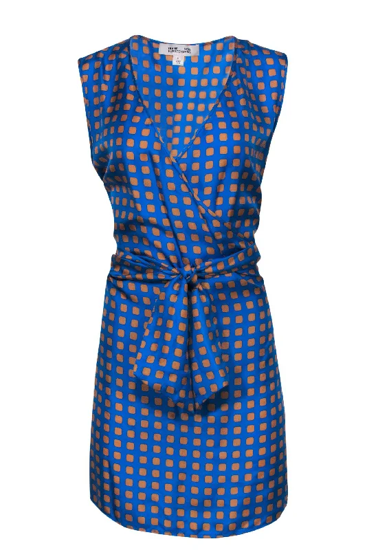 Diane von Furstenberg - Blue & Orange Square Print Faux Wrap Dress Sz M Soft fabric unclassified dresses