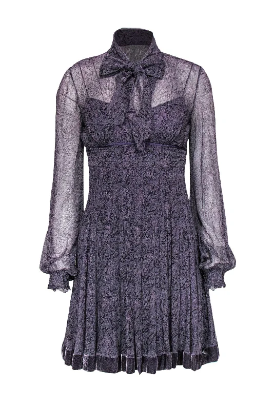 Elie Tahari - Purple Printed Sheer Silk Shift Dress w/ Velvet Trim Sz 2 Polka dot unclassified dresses