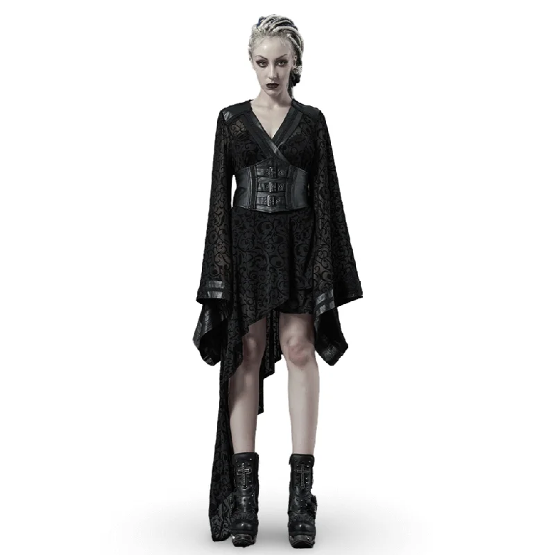 Embroidered Flocking Net Gothic Kimono Dress with Detachable Belt Monochrome unclassified dresses