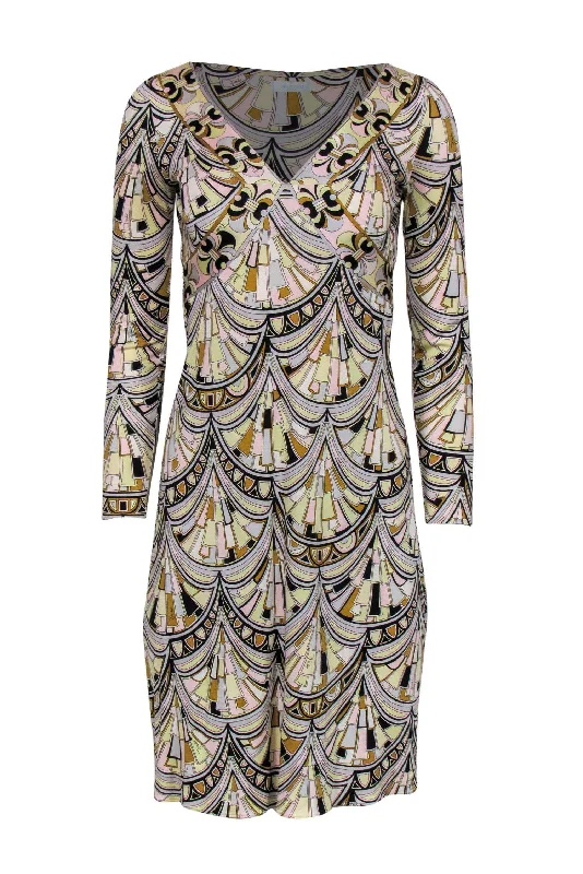 Emilio Pucci - Pastel Printed Silk V-Neck Sheath Dress Sz 4 Y2K unclassified dresses