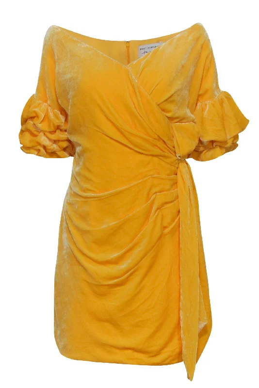 Fame and Partners x Free People - Bright Yellow Velvet Puff Sleeve Faux Wrap Dress Sz 10 Casual chic unclassified dresses