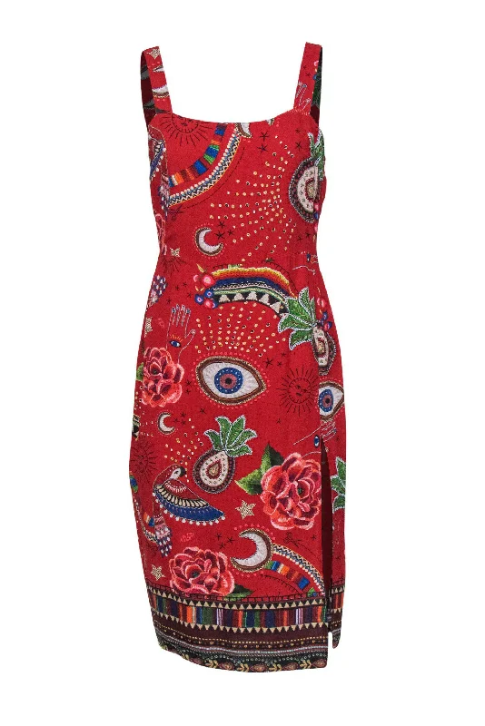 Farm - Red Tropical Paisley Print Dress Sz M Printed unclassified dresses