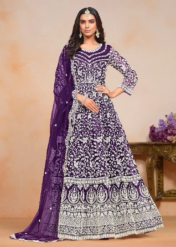 Festive Purple Embroidered Net Designer Anarkali Dress High-end unclassified dresses