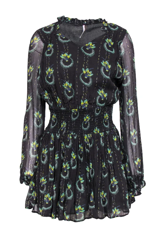 Free People - Black Feather Print Smocked Waist Dress Sz XS Boho unclassified dresses