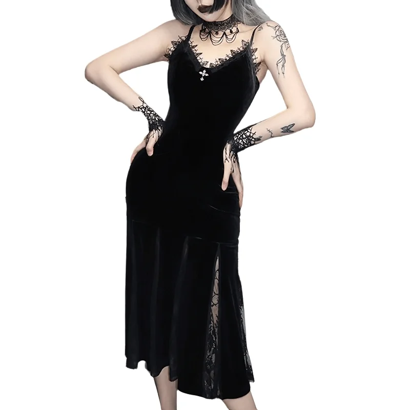 Gothic Elegant Mermaid Women Dress / V-neck Velvet Black Dress Everyday wear unclassified dresses