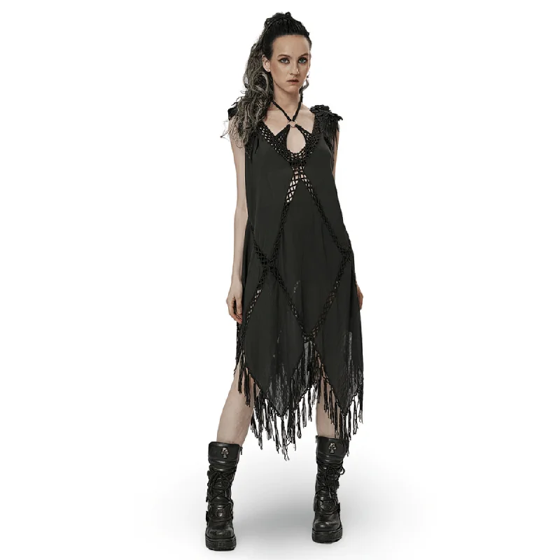 Gothic Fringe V-Neck Dress - Boho Mesh Overlay Ruffled unclassified dresses