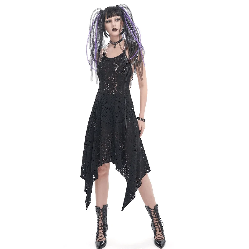 Gothic Irregular Ripped Chain Dress for Women / Sexy Ladies Black Bared Back Dress Petite unclassified dresses