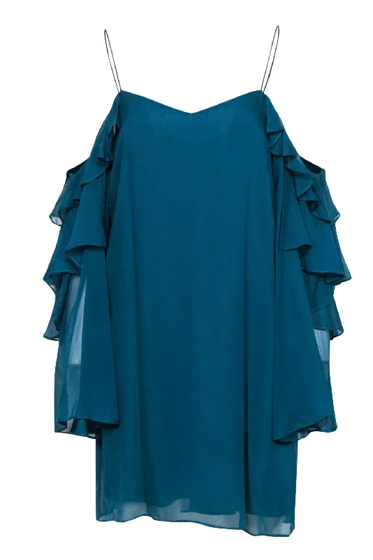 Haute Hippie - Teal Silk Shift Dress w/ Ruffle Sleeves Sz S Backless unclassified dresses