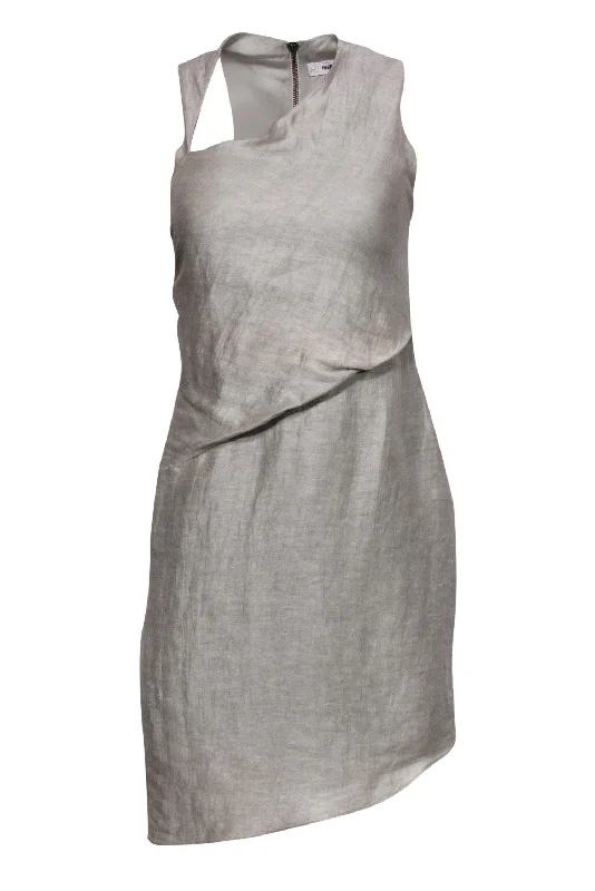 Helmut Lang - Light Gray Linen Dress w/ Asymmetric Neckline Sz 2 Short unclassified dresses