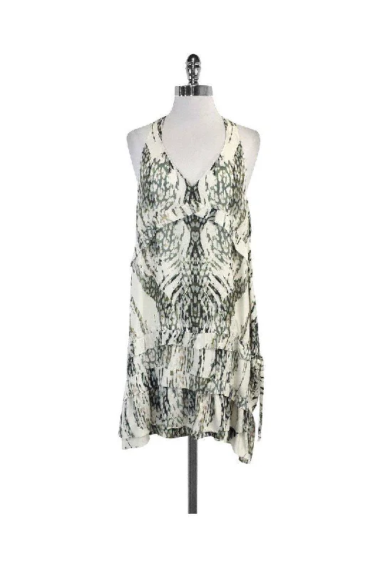 IRO - Green & Cream Abstract Print Silk Sleeveless Dress Sz 10 Short unclassified dresses