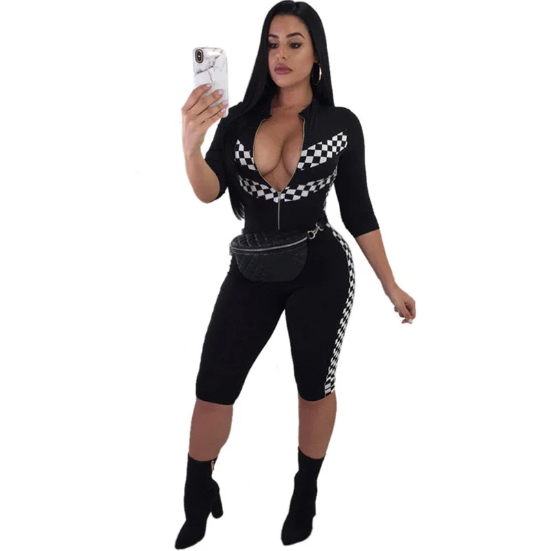 Joanna Checkered Sport Romper #Black #V Neck #Racing #Sport Sleeveless unclassified dresses