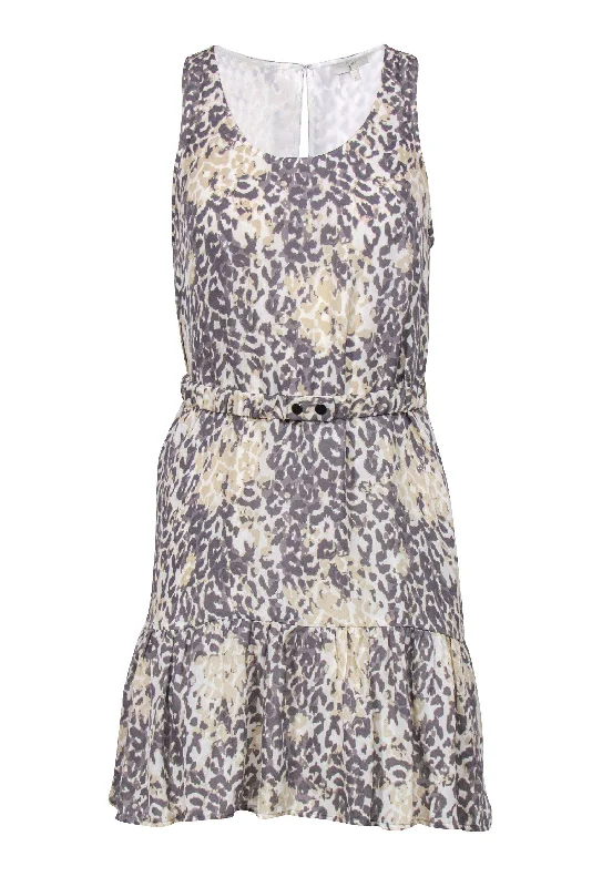 Joie - Grey & Beige Leopard Print Silk Shift Dress w/ Belt Sz S Ruffled unclassified dresses