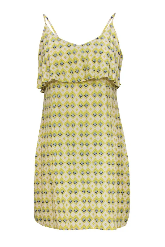 Joie - Yellow, White & Blue Geometric Print Spaghetti Strap Silk Shift Dress w/ Flounce Sz S Bodycon unclassified dresses