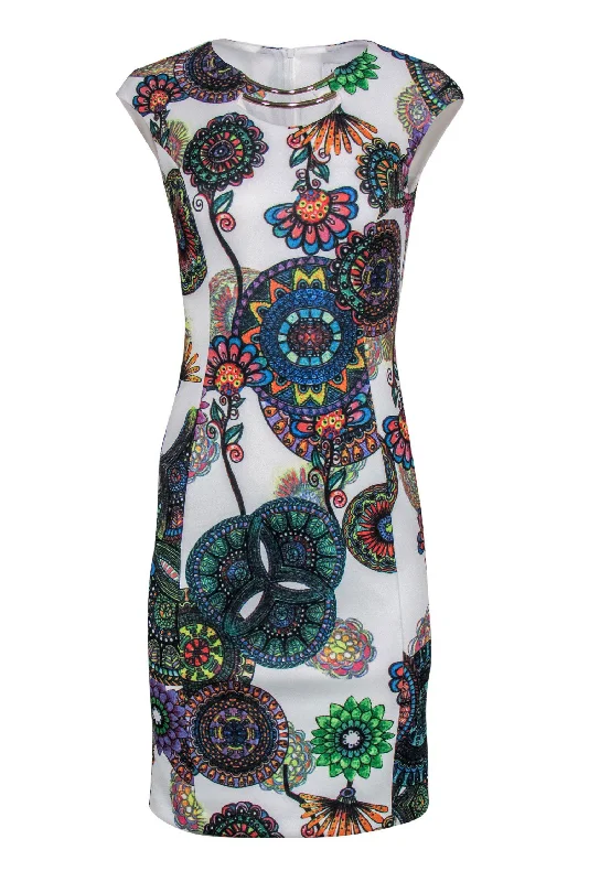 Joseph Ribkoff - White & Multicolored Mandala Print Cap Sleeve Sheath Dress Sz 2 Formal unclassified dresses