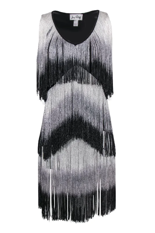 Joseph Ribkoff - Black & White Ombre Fringe Sleeveless Shift Dress Sz 2 Festival unclassified dresses