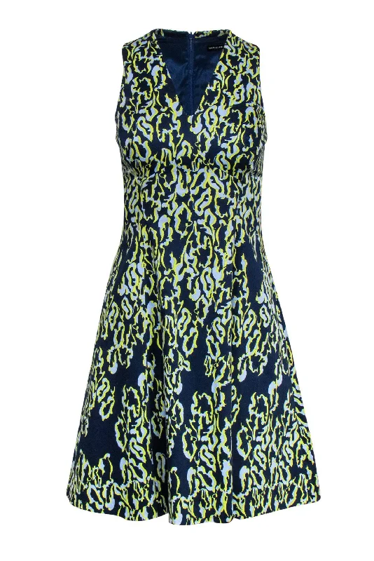 Karen Millen - Navy & Green Abstract Printed Flare Dress Sz 4 High-end unclassified dresses