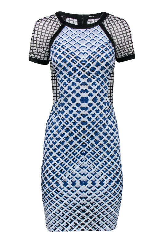 Karen Millen - Blue & White Geometric Print Dress w/ Mesh Sz 4 Long sleeve unclassified dresses