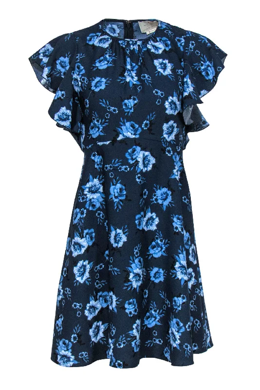 Kate Spade - Navy & Blue Rose Printed Dress w/ Flutter Sleeves Sz 0 Popular unclassified dresses