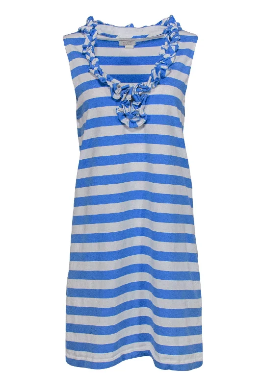 Kate Spade - White & Blue Striped Sleeveless Shift Dress w/ Ruffle Neckline Sz M Budget-friendly unclassified dresses