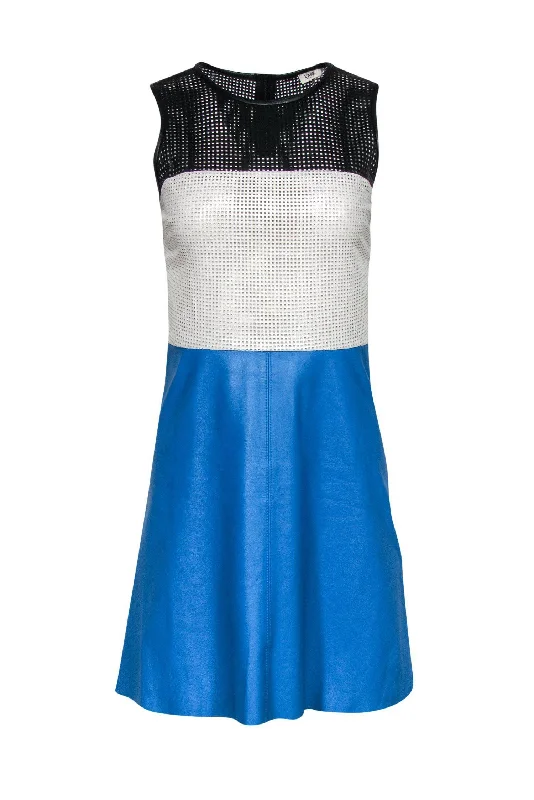 L'Agence - Blue, Black & White Colorblocked Leather Fit & Flare Dress w/ Laser Cutouts Sz 2 One-shoulder unclassified dresses