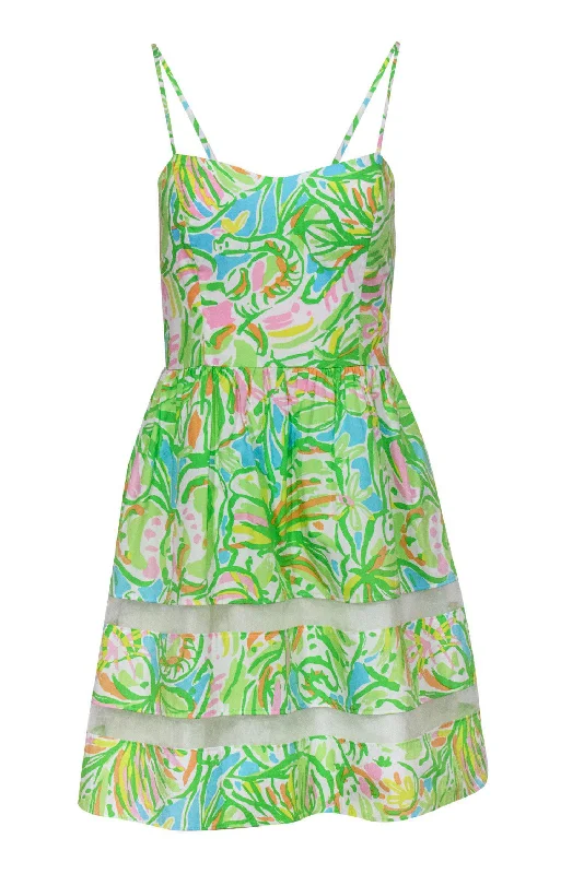 Lilly Pulitzer - Bright Printed Cotton A-Line Dress w/ Mesh Accents Sz 0 Tulle unclassified dresses