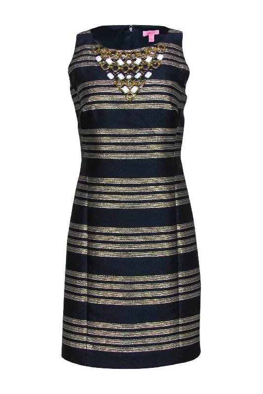 Lilly Pulitzer - Navy & Gold Striped Sheath Dress w/ Jewels Sz 2 Vintage unclassified dresses