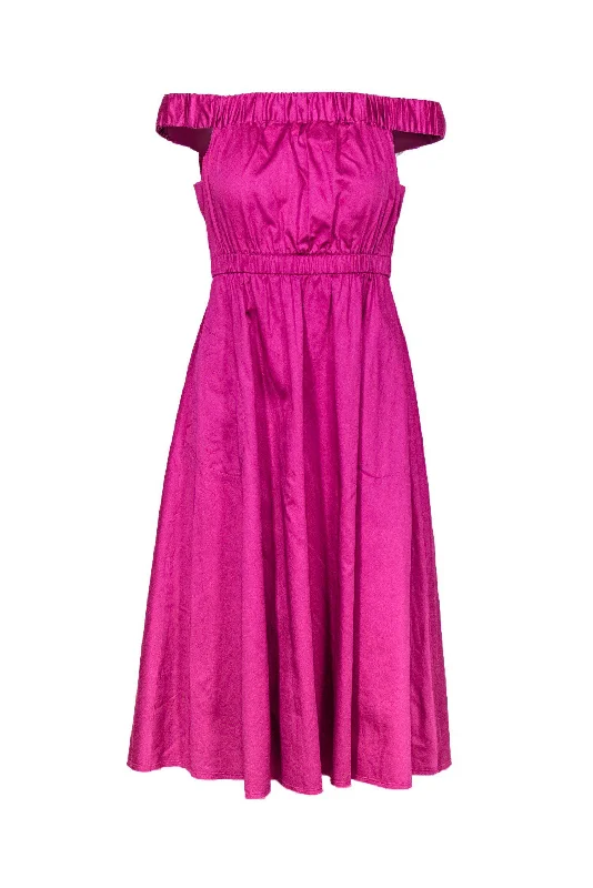 Maeve - Magenta Off-the-Shoulder Fit & Flare Dress Sz XS Color block unclassified dresses