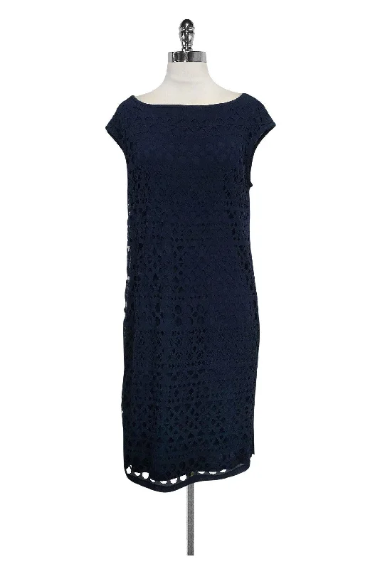 Magaschoni - Navy Laser Cut Dress Sz S Cotton unclassified dresses