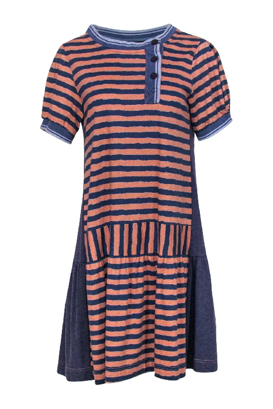 Marc by Marc Jacobs - Navy & Peach Striped Drop-Waist Cotton Dress Sz S Soft fabric unclassified dresses