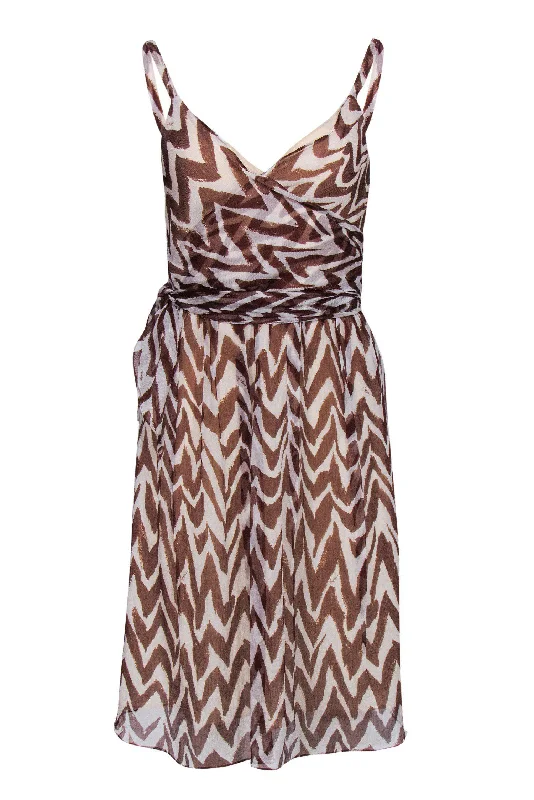 Milly - Brown & Tan Silk Geometric Print Wrap Dress Sz 6 Knitted unclassified dresses