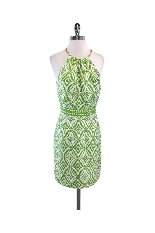 Milly - Green & White High Neck Chain Silk Dress Sz 2 Bodycon unclassified dresses