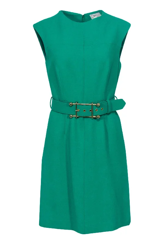 Milly - Kelly Green Sheath Dress w/ Statement Buckle Belt Sz 6 Bold pattern unclassified dresses