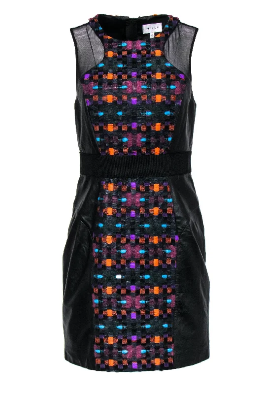 Milly - Multicolored Tweed Paneled Dress w/ Leather & Mesh Sz 6 Ruffled unclassified dresses