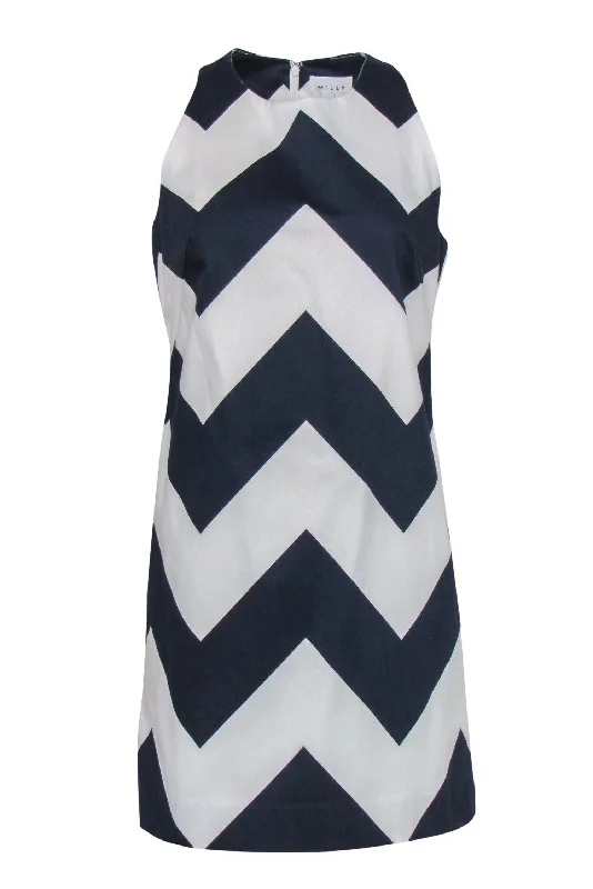 Milly - White & Navy Chevron Print Sleeveless Shift Dress Sz M Engagement unclassified dresses