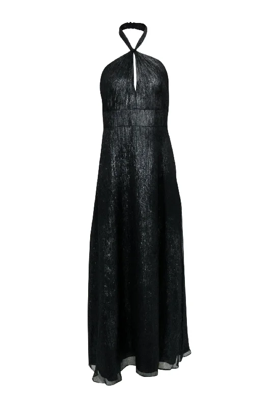 Monique Lhuillier - Black Metallic Sleeveless Halter Gown Sz 10 Designer unclassified dresses