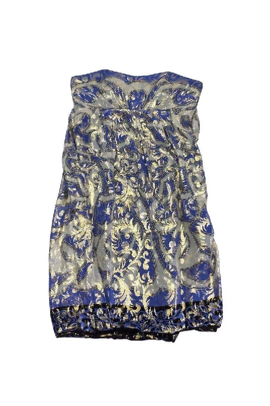 Nicole Miller - Blue & Metallic Gold Abstract Strapless Dress Sz 6 Polka dot unclassified dresses