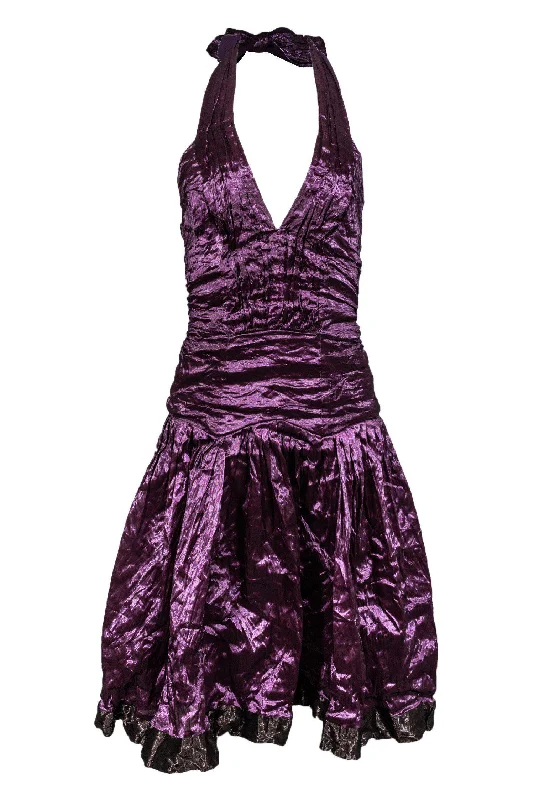 Nicole Miller - Metallic Purple Ruched Halter Dress Sz 4 Halter unclassified dresses