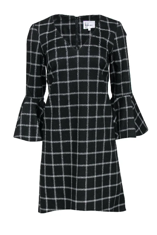 Nicole Miller - Black & White Plaid Shift Dress w/ Bell Sleeves Sz 4 Ruffled unclassified dresses