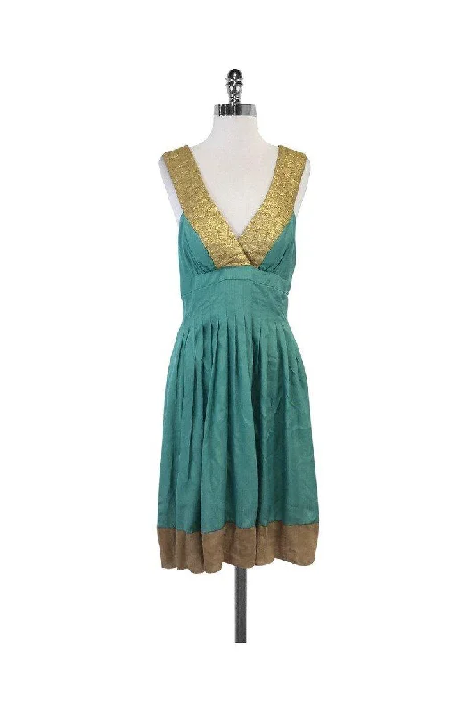 Nicole Miller - Teal & Gold Silk Dress Sz 8 Trendy new unclassified dresses