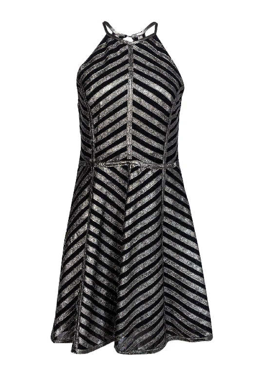 Parker - Black & Metallic Pewter Striped Dress Sz M Pastel unclassified dresses