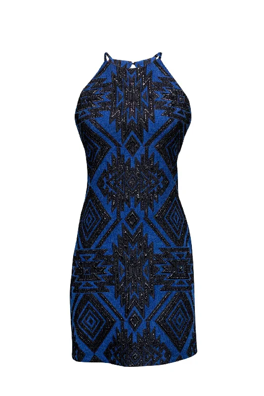 Parker - Blue & Black Aztec Print Halter Dress Sz M Dark color unclassified dresses