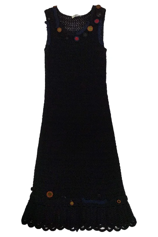 Prada - Black Crochet Dress w/ Embellished Neckline Sz 8 Flowy unclassified dresses