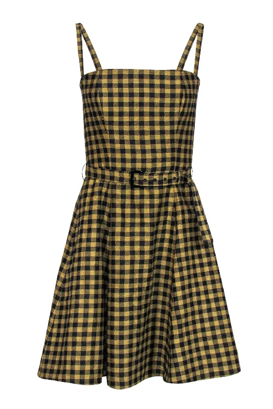 Prada - Yellow & Black Plaid Sleeveless Belted Fit & Flare Dress Sz 6 Summer unclassified dresses