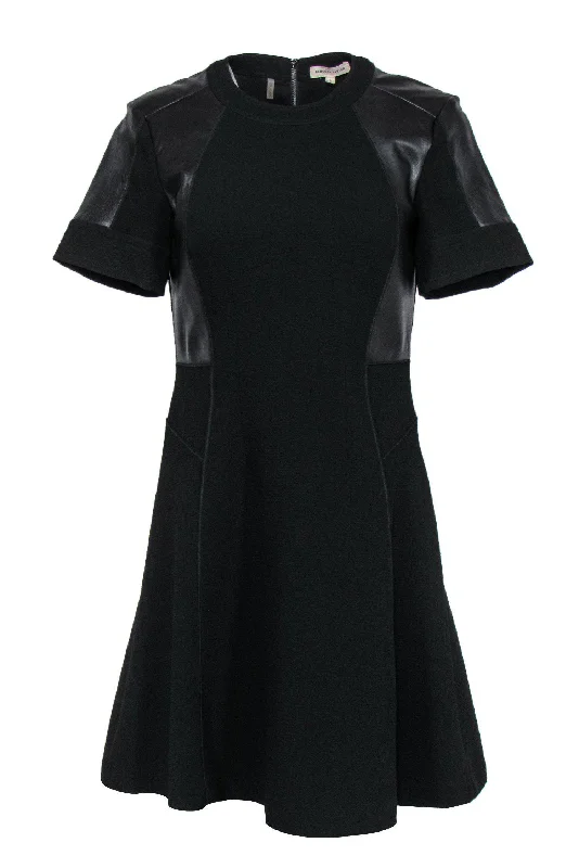 Rebecca Taylor - Black Textured Flared Dress w/ Leather Paneling Sz 4 Casual chic unclassified dresses