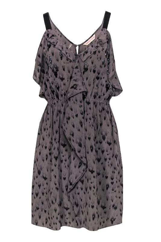 Rebecca Taylor - Grey & Black Leopard Print Sleeveless Ruffle Silk Dress w/ Beading Sz 6 Embroidered unclassified dresses