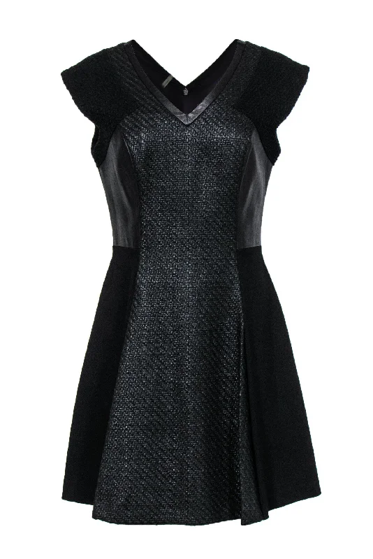 Rebecca Taylor - Black Coated Tweed & Leather Flared Dress Sz 8 Color block unclassified dresses