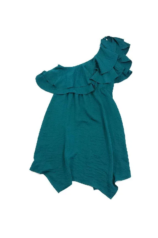 Rebecca Taylor - Teal Ruffle One Shoulder Dress Sz 4 Smocked unclassified dresses