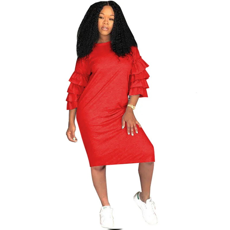 Red Rufflea Dress #Red #Ruffle #Round Neck Monochrome unclassified dresses