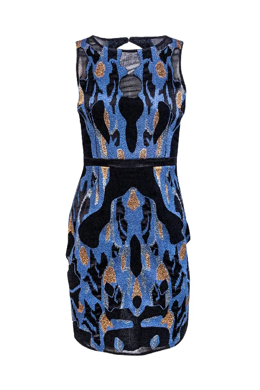 Reiss - Black & Blue Swirled Sheath Dress Sz 4 Open-back unclassified dresses