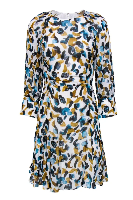 Reiss - White Flounce Dress w/ Blue & Mustard Print Sz 4 Long sleeve unclassified dresses